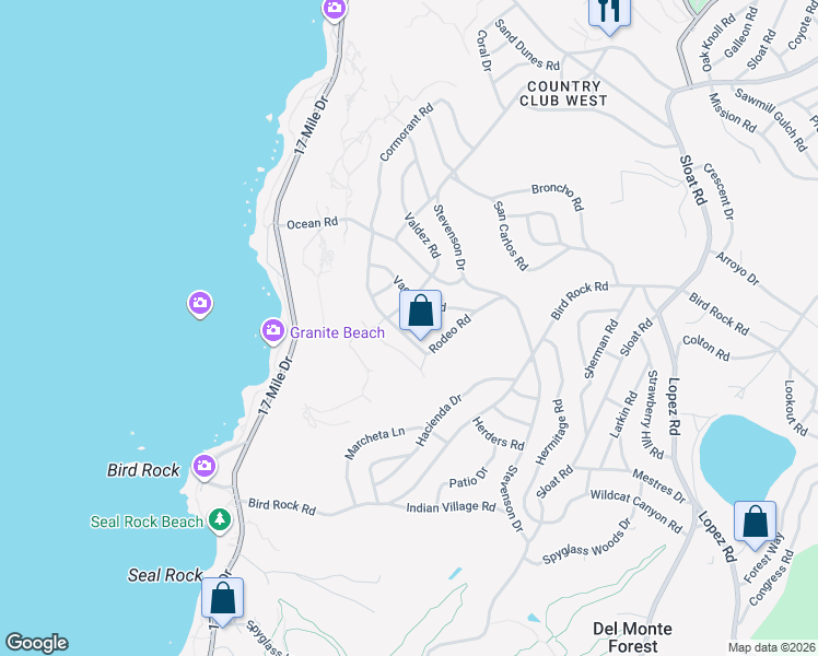 map of restaurants, bars, coffee shops, grocery stores, and more near 1029 Rodeo Road in Del Monte Forest