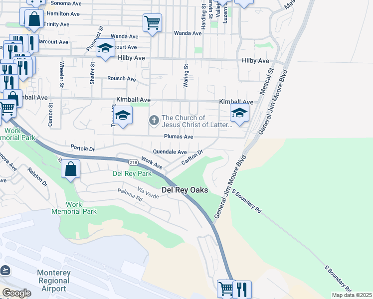 map of restaurants, bars, coffee shops, grocery stores, and more near 36 Saucito Avenue in Del Rey Oaks