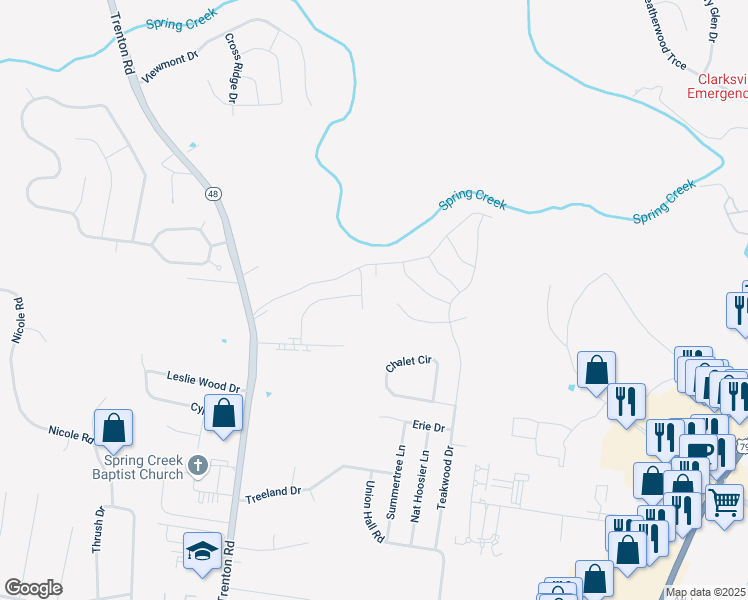map of restaurants, bars, coffee shops, grocery stores, and more near 422 Zurich Court in Clarksville