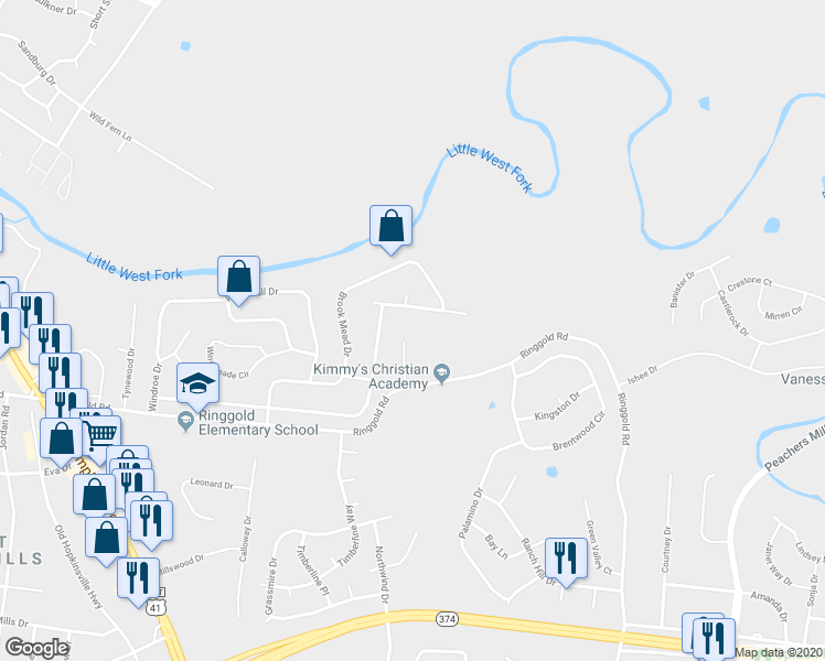 map of restaurants, bars, coffee shops, grocery stores, and more near 2113 Ringgold Court in Clarksville