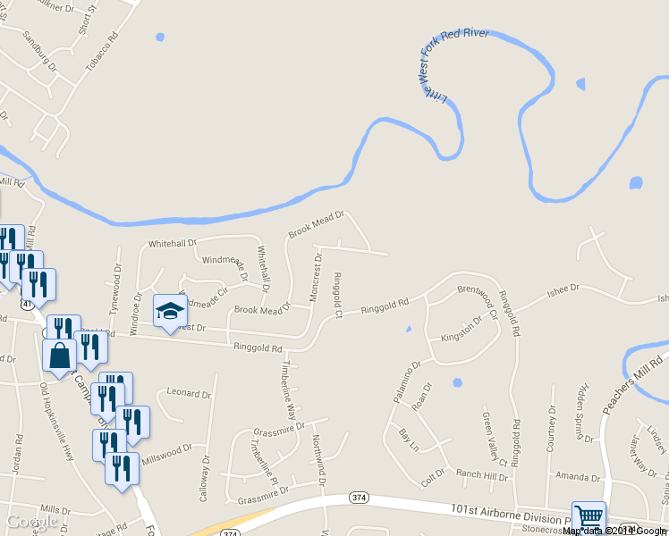 map of restaurants, bars, coffee shops, grocery stores, and more near 2113 Ringgold Court in Clarksville