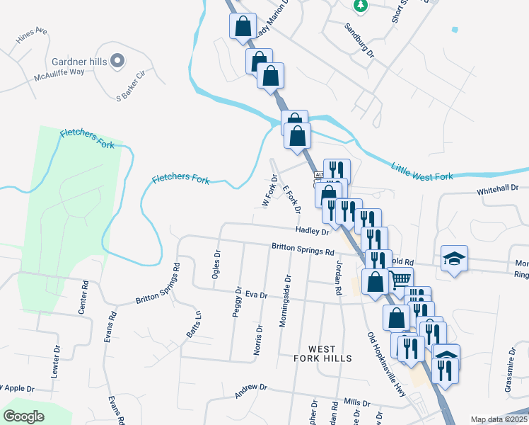 map of restaurants, bars, coffee shops, grocery stores, and more near 163 Hadley Drive in Clarksville