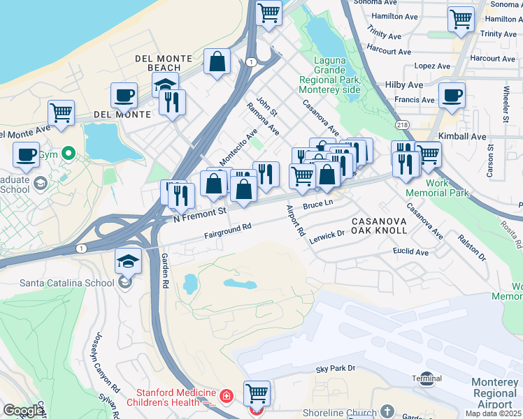 map of restaurants, bars, coffee shops, grocery stores, and more near 2198 Fairground Rd in Monterey