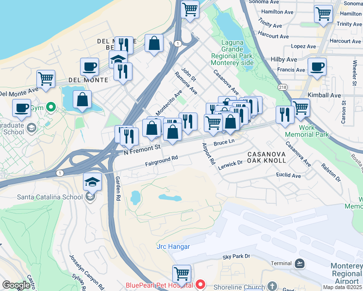 map of restaurants, bars, coffee shops, grocery stores, and more near 2110 Fremont St in Monterey