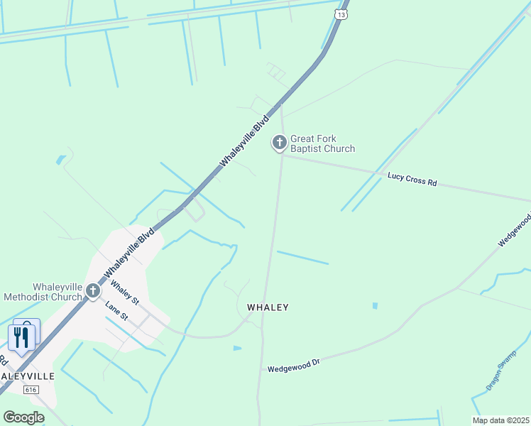 map of restaurants, bars, coffee shops, grocery stores, and more near 250 Great Fork Road in Suffolk