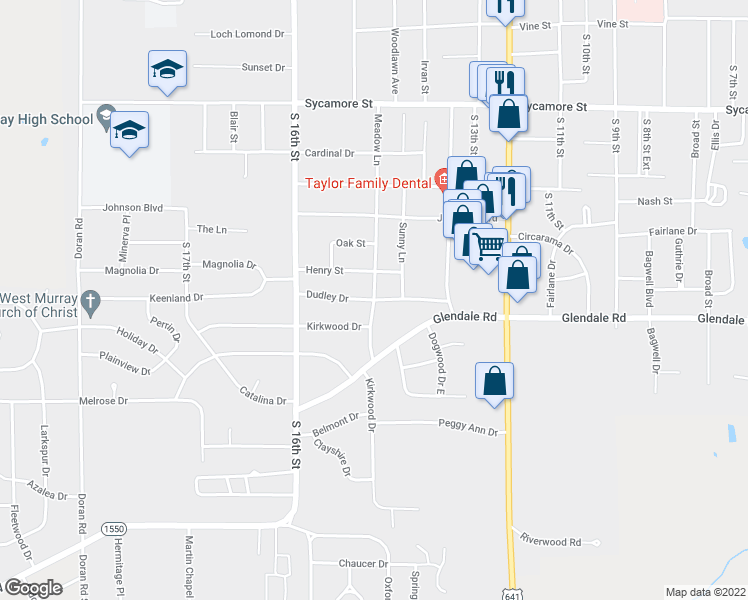 map of restaurants, bars, coffee shops, grocery stores, and more near Dudley Drive in Murray