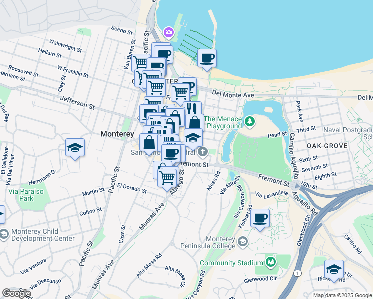 map of restaurants, bars, coffee shops, grocery stores, and more near 437 Fremont Street in Monterey
