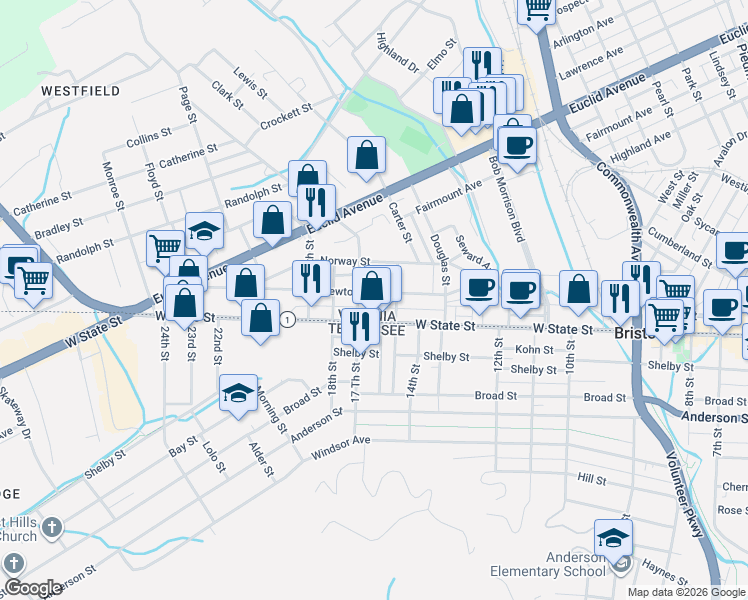 map of restaurants, bars, coffee shops, grocery stores, and more near 1611 West State Street in Bristol