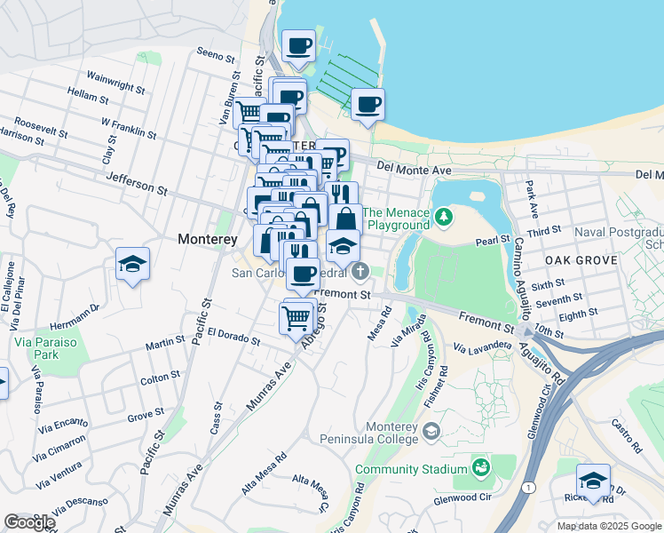map of restaurants, bars, coffee shops, grocery stores, and more near 457 Webster Street in Monterey
