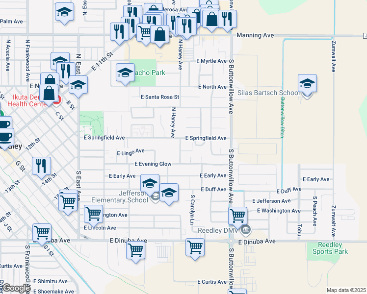 map of restaurants, bars, coffee shops, grocery stores, and more near 128 South Haney Avenue in Reedley