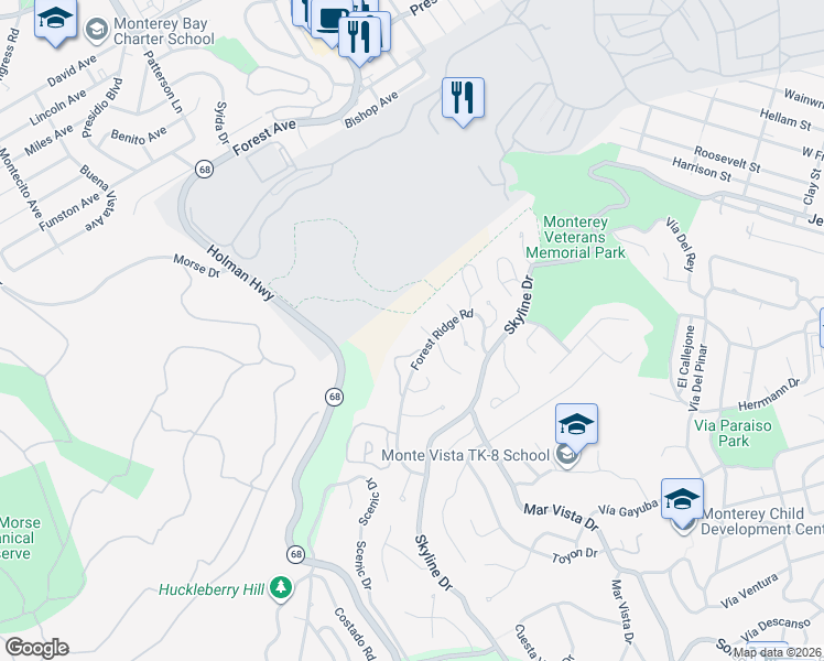map of restaurants, bars, coffee shops, grocery stores, and more near 3 Victoria Rise in Monterey