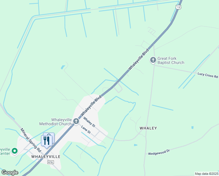 map of restaurants, bars, coffee shops, grocery stores, and more near 6107-6143 Whaleyville Boulevard in Suffolk