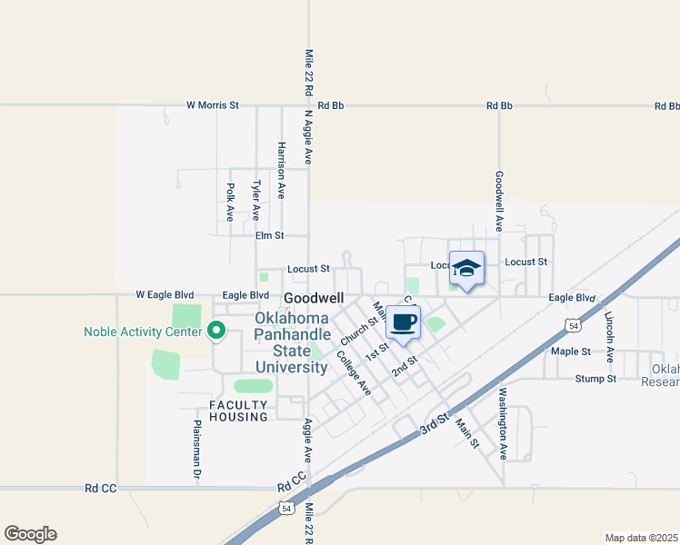 map of restaurants, bars, coffee shops, grocery stores, and more near 207 Locust Street in Goodwell