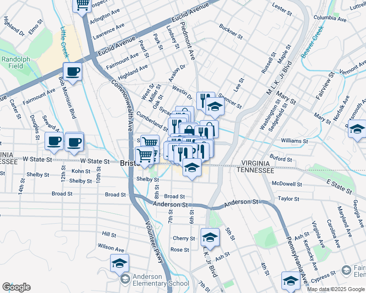 map of restaurants, bars, coffee shops, grocery stores, and more near 109 Piedmont Avenue in Bristol