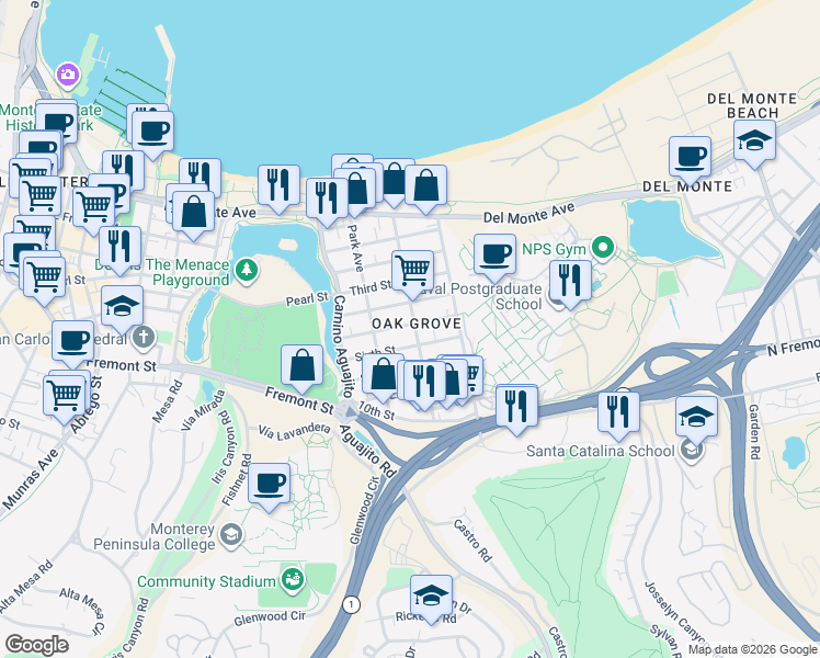 map of restaurants, bars, coffee shops, grocery stores, and more near 504 Ocean Avenue in Monterey