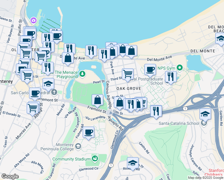 map of restaurants, bars, coffee shops, grocery stores, and more near 371 Camino Aguajito in Monterey
