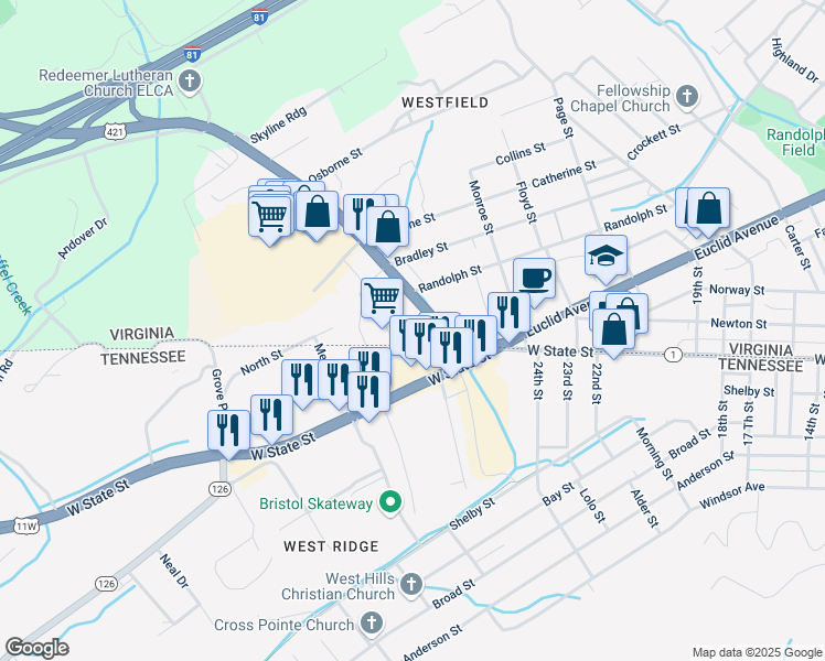 map of restaurants, bars, coffee shops, grocery stores, and more near 176-298 Gate City Highway in Bristol