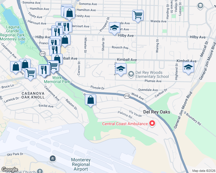 map of restaurants, bars, coffee shops, grocery stores, and more near 965 Portola Drive in Del Rey Oaks
