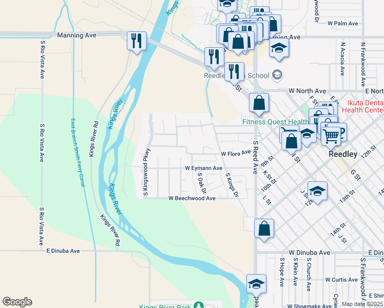 map of restaurants, bars, coffee shops, grocery stores, and more near 182 South Oak Drive in Reedley