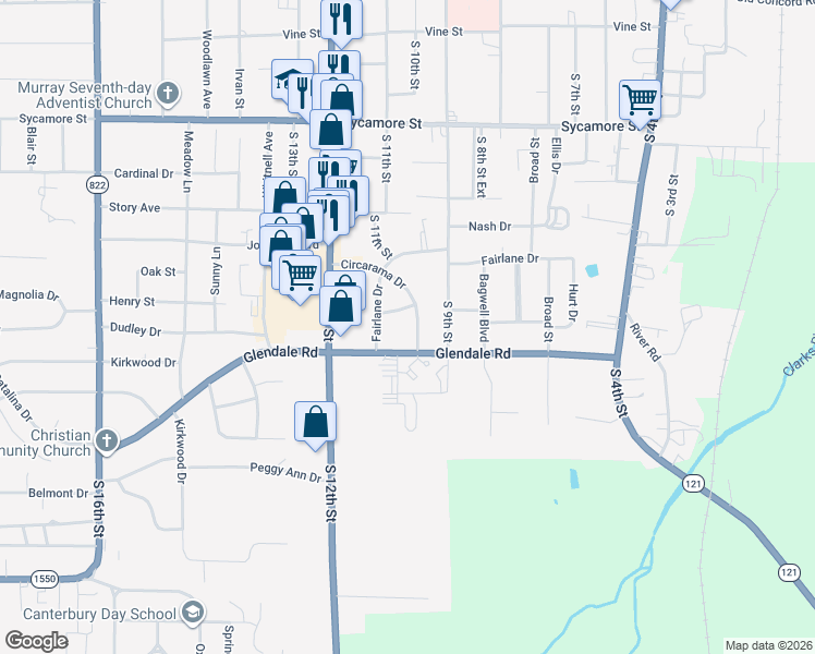 map of restaurants, bars, coffee shops, grocery stores, and more near 1000-1006 Irene Terrace in Murray
