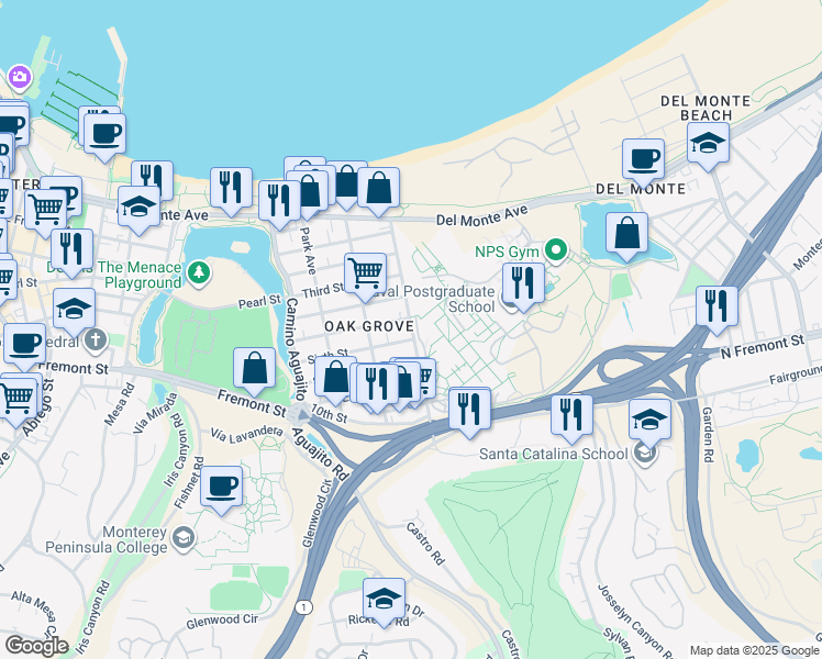 map of restaurants, bars, coffee shops, grocery stores, and more near 465 Sloat Avenue in Monterey