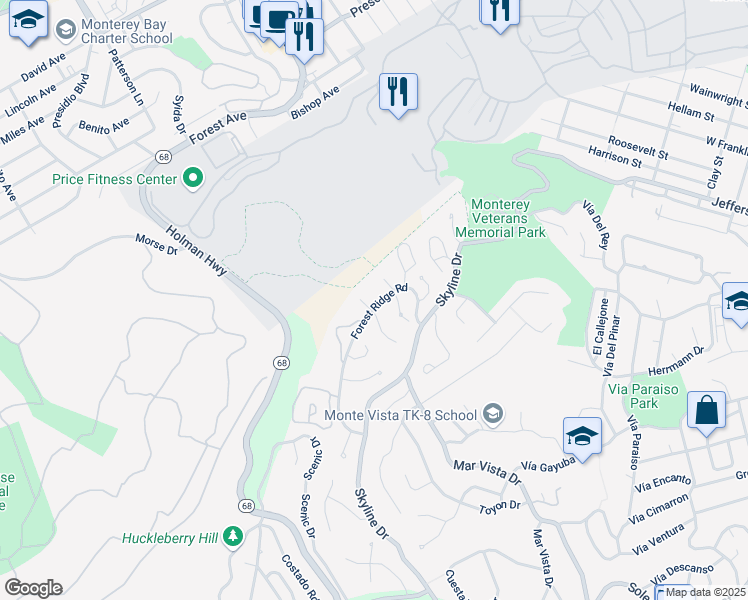 map of restaurants, bars, coffee shops, grocery stores, and more near 190 Forest Ridge Road in Monterey