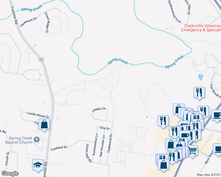 map of restaurants, bars, coffee shops, grocery stores, and more near Chalet Circle in Clarksville