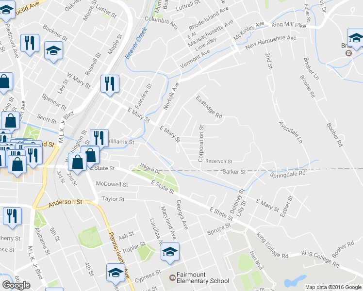 map of restaurants, bars, coffee shops, grocery stores, and more near 611 East Mary Street in Bristol