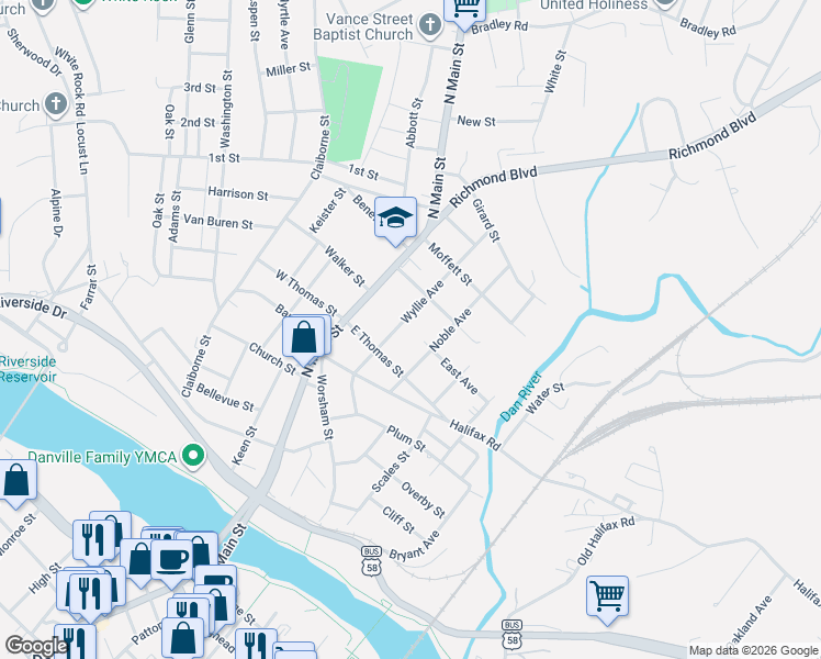 map of restaurants, bars, coffee shops, grocery stores, and more near 198 Campbell Street in Danville