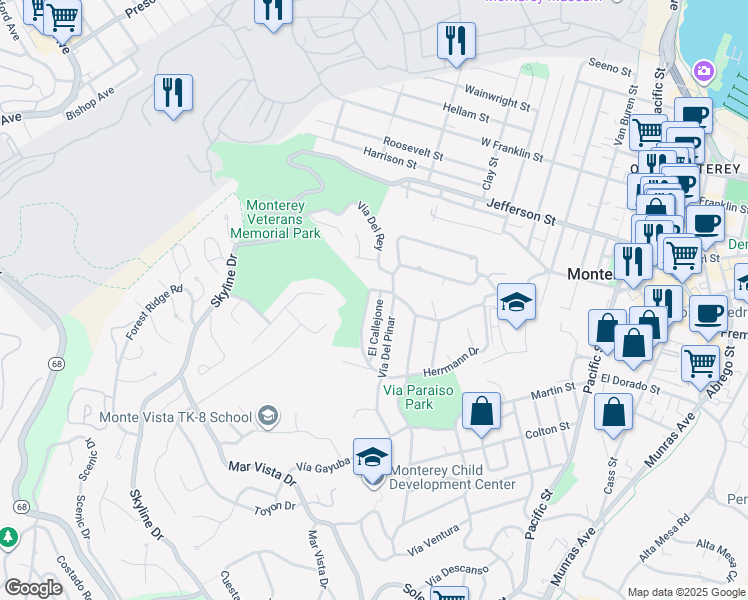 map of restaurants, bars, coffee shops, grocery stores, and more near 8 Vía Chiquita in Monterey