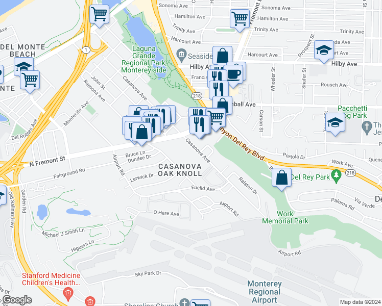map of restaurants, bars, coffee shops, grocery stores, and more near in Monterey