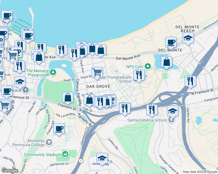 map of restaurants, bars, coffee shops, grocery stores, and more near 465 Sloat Avenue in Monterey