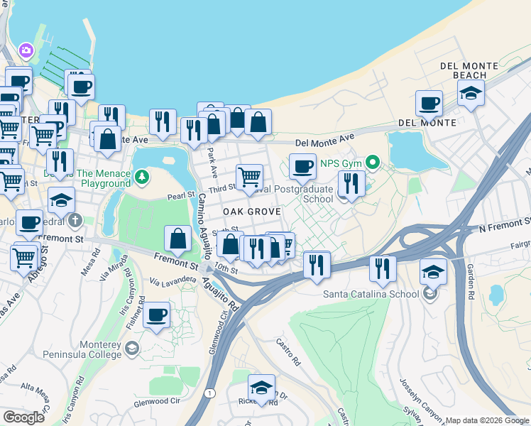 map of restaurants, bars, coffee shops, grocery stores, and more near 1220A Fourth Street in Monterey