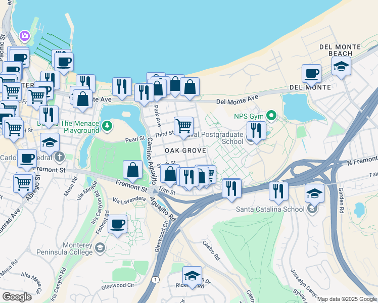 map of restaurants, bars, coffee shops, grocery stores, and more near 1220A Fourth Street in Monterey