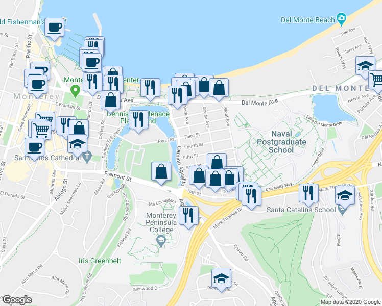 map of restaurants, bars, coffee shops, grocery stores, and more near 1142 Fourth Street in Monterey