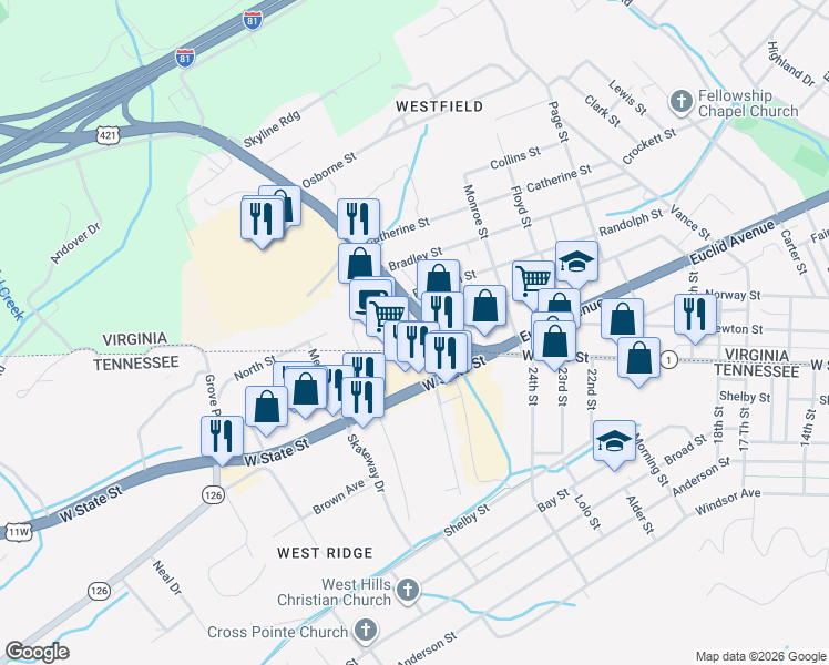 map of restaurants, bars, coffee shops, grocery stores, and more near 176-298 Gate City Highway in Bristol