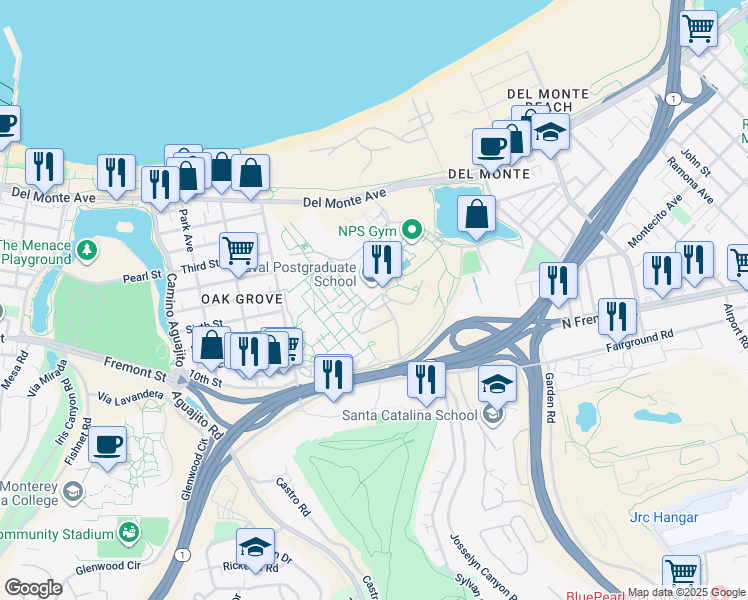 map of restaurants, bars, coffee shops, grocery stores, and more near in Monterey