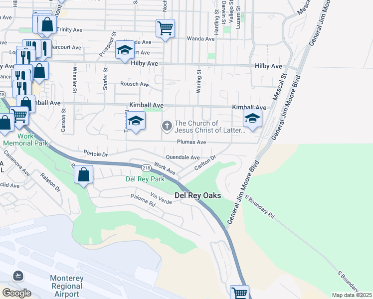 map of restaurants, bars, coffee shops, grocery stores, and more near 1375 Plumas Avenue in Seaside