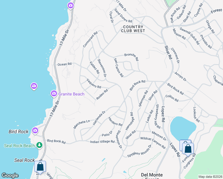 map of restaurants, bars, coffee shops, grocery stores, and more near 1060 Rodeo Road in Del Monte Forest