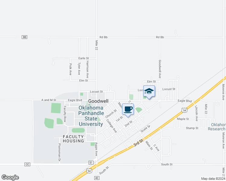 map of restaurants, bars, coffee shops, grocery stores, and more near 207 Locust Street in Goodwell