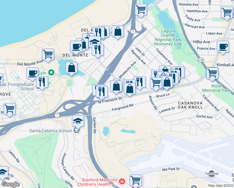 map of restaurants, bars, coffee shops, grocery stores, and more near 430 Casa Verde Way in Monterey