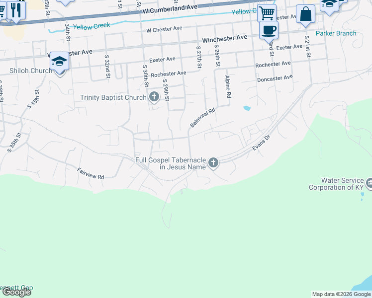 map of restaurants, bars, coffee shops, grocery stores, and more near 709 Balmoral Road in Middlesboro
