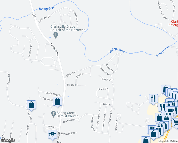 map of restaurants, bars, coffee shops, grocery stores, and more near 424 Zurich Court in Clarksville