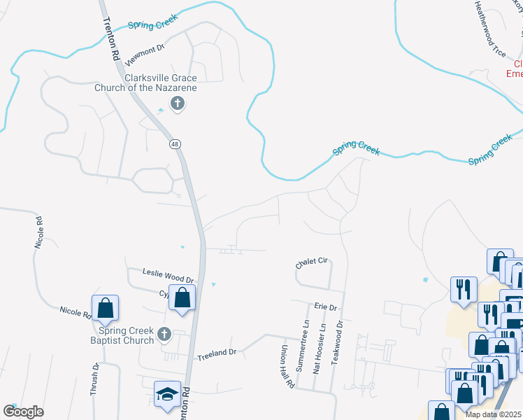 map of restaurants, bars, coffee shops, grocery stores, and more near Gibbs Lane in Clarksville