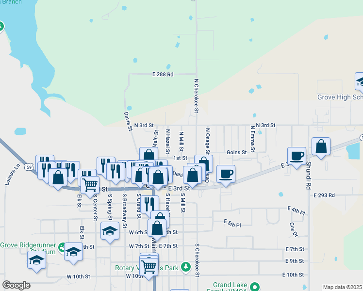 map of restaurants, bars, coffee shops, grocery stores, and more near 117 North Mill Street in Grove