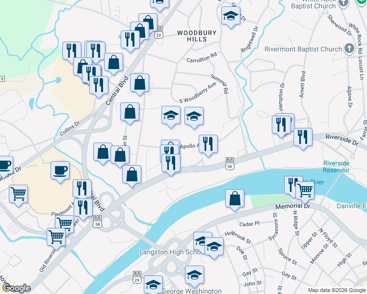 map of restaurants, bars, coffee shops, grocery stores, and more near 500 Apollo Avenue in Danville