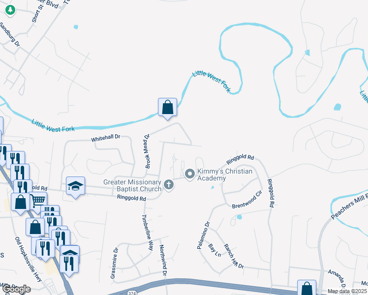 map of restaurants, bars, coffee shops, grocery stores, and more near 100 Heather Denise Court in Clarksville