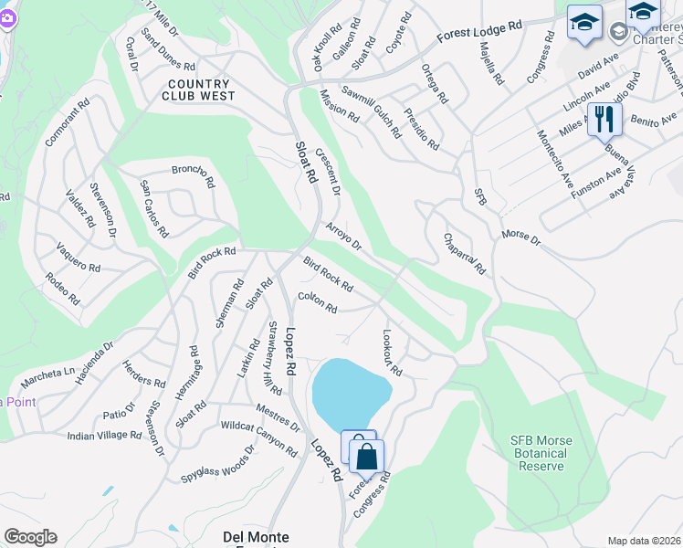 map of restaurants, bars, coffee shops, grocery stores, and more near 2988 Bird Rock Road in Del Monte Forest