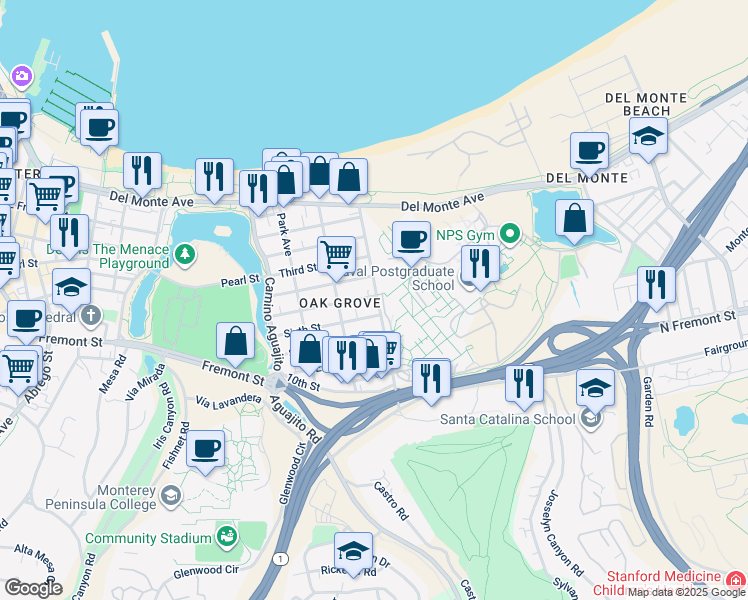 map of restaurants, bars, coffee shops, grocery stores, and more near 510 Sloat Avenue in Monterey