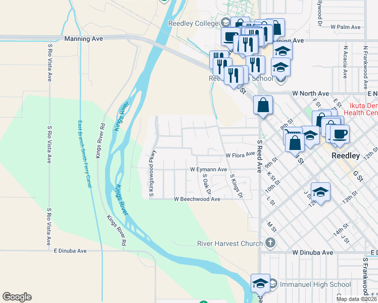 map of restaurants, bars, coffee shops, grocery stores, and more near 116 West Flora Avenue in Reedley